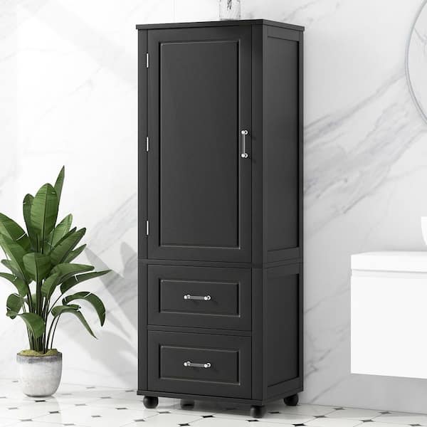 23 in. W x 16 in. D x 61 in. H Black MDF Linen Cabinet with 2-Drawers and Adjustable Shelves in Black
