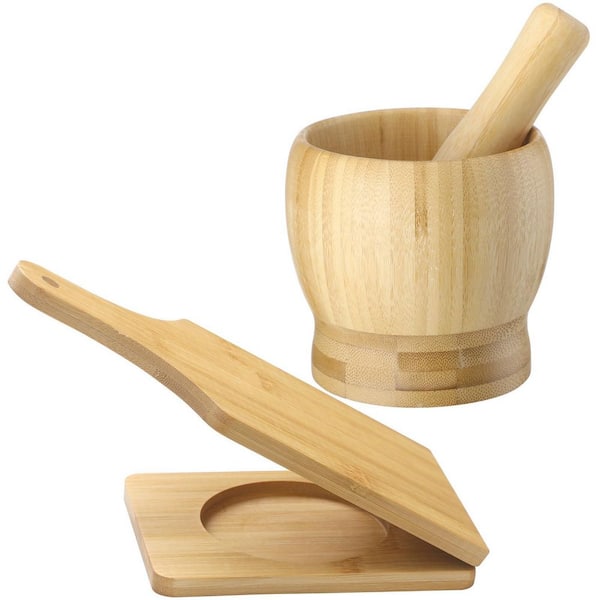 2 Piece Bamboo Finish Mortar and Pestle Set with Wooden Plantain Smasher Tostonera for Spices Plantains Guacamole