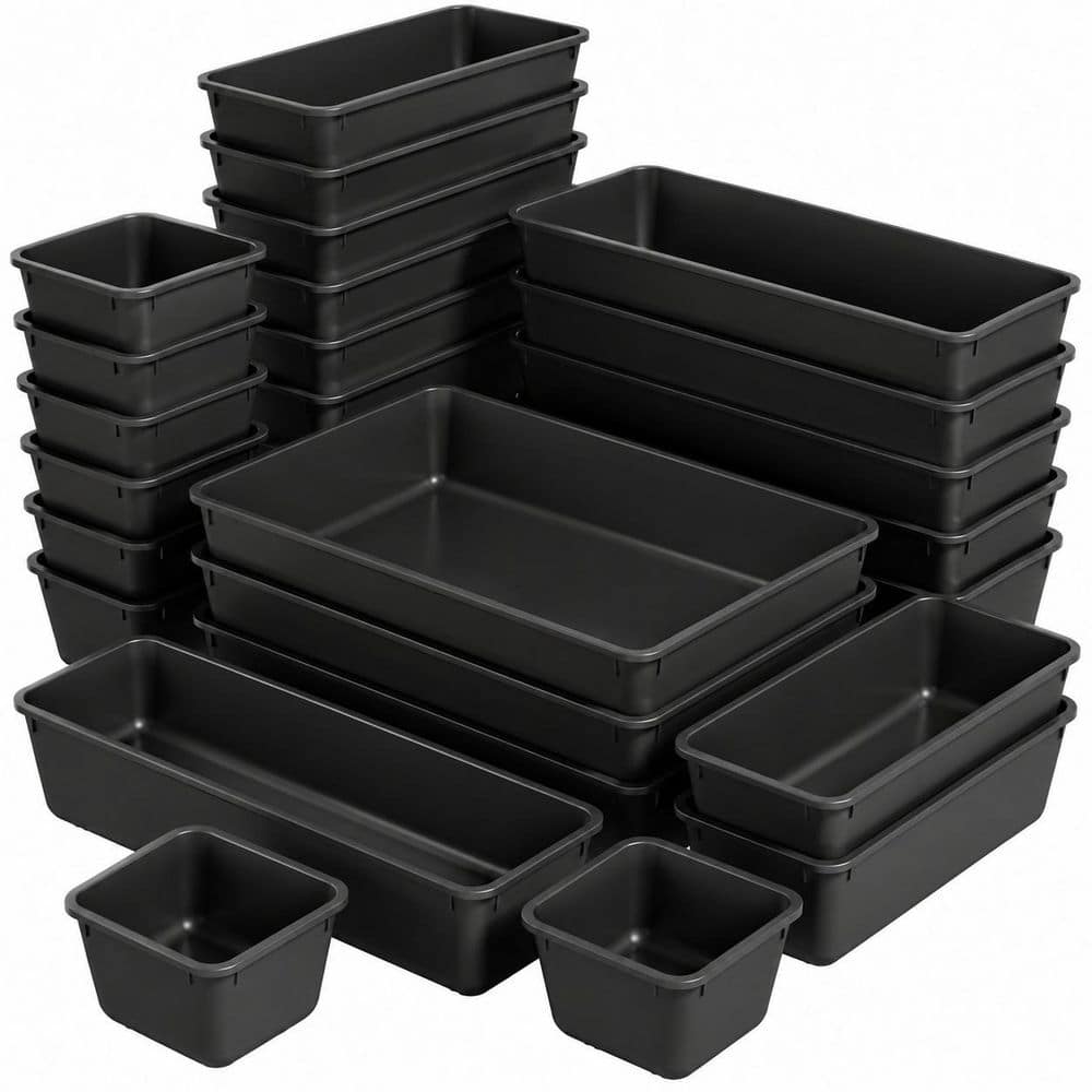 25-Piece Plastic Drawer Organizer Set with Stackable Trays, 4 Sizes, Black for Makeup, Bath, Kitchen and Office price history on PriceWatchPro