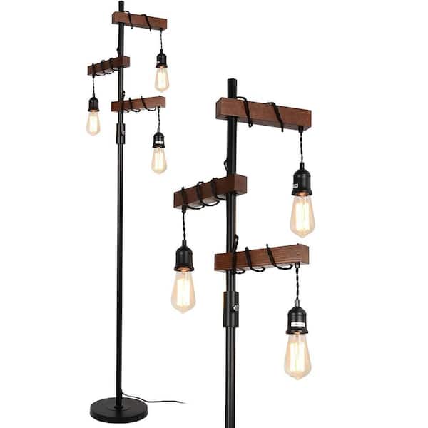67.7 in. Black 3-Light Dimmable Industrial Tree Floor Lamp, Wood Standing Lamp, Bulb Not Included