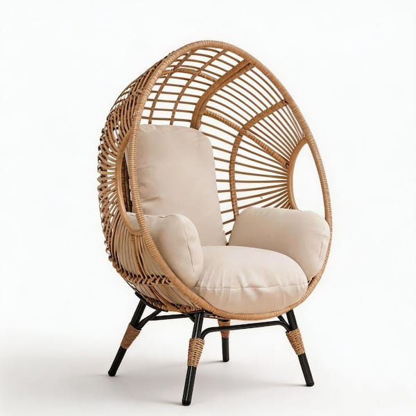 2-Person Natural PE Rattan Patio Swing with 8 in. Cushion for Garden and Outdoor Lounge Durable Construction