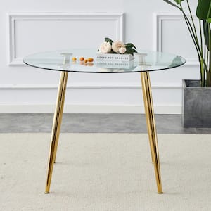 Modern Round Gold Glass 33.07 in.4 Legs Dining Table Seats for 6