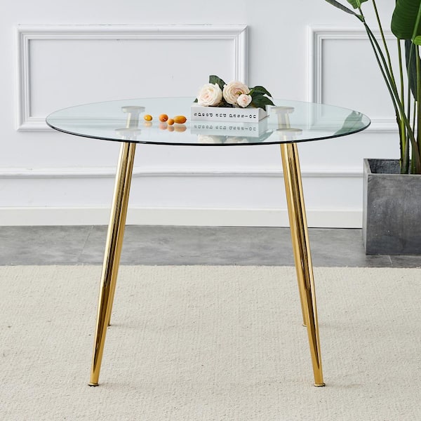 Polibi Modern Round Gold Glass 4 Legs Dining Table Seats for 6 (40.00 in. L x 30.00 in. H)