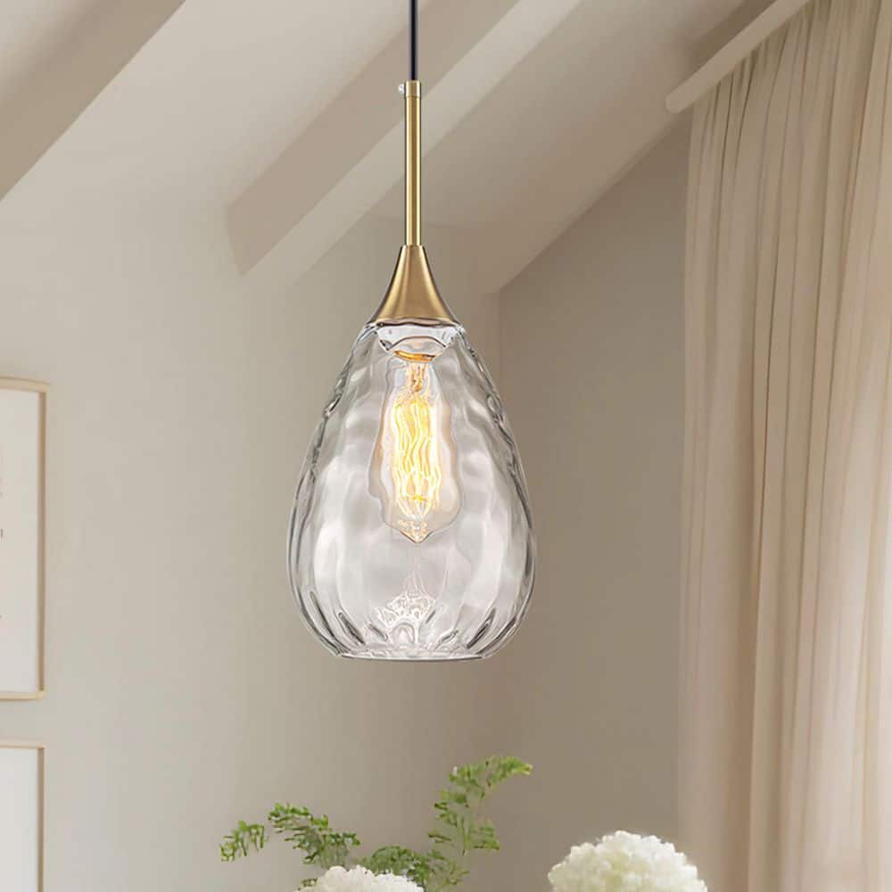 6.3 in. Gold Pendant Lights Kitchen Island Modern Glass Mini Pendant Light with Clear Water Ripple Shade for Dining Room price history on PriceWatchPro