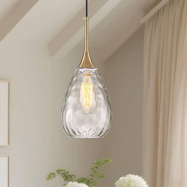 6.3 in. Gold Pendant Lights Kitchen Island Modern Glass Mini Pendant Light with Clear Water Ripple Shade for Dining Room