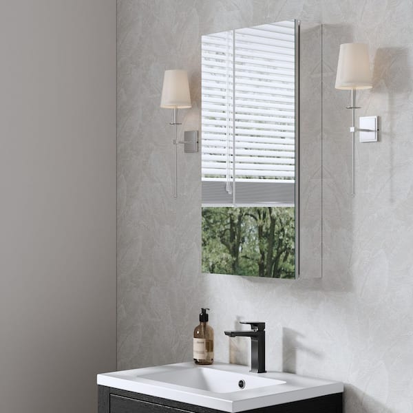 ROSA 16.0 in. W x 30 in. H Rectangular Aluminum Tri-View Medicine Cabinet with Mirror, Adjustable Shelves, Left Open