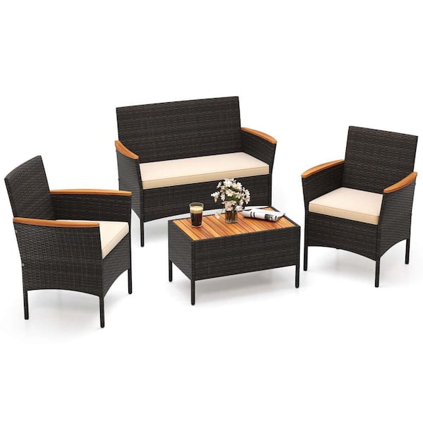 Costway 4-Piece Wicker Patio Conversation Set Coffee Table Acacia Wood Armrests & Tabletop with Beige Cushions