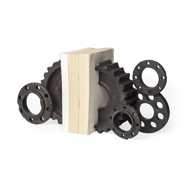 HomeRoots 8 .07 in. Brown Matte Black Industrial Cogs Bookends