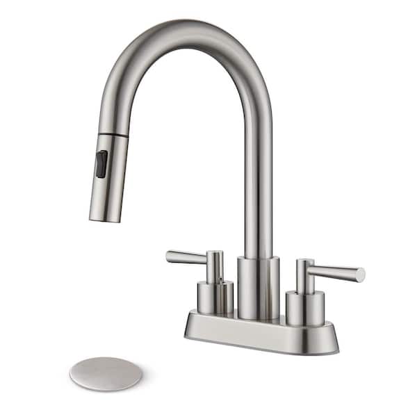 Bathroom Sink Faucet with Pull Out Sprayer in Brushed Nickel 3 Hole 4 Inch 2 Handles 10.4 in. H x 6.1 in. W x 2.2 in. D