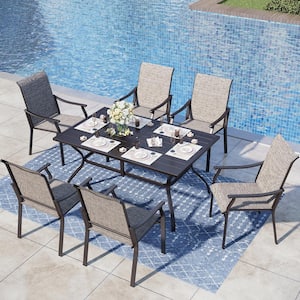 Black 7-Piece Metal Slat Rectangle Table Outdoor Patio Dining Set with Textilene Chairs