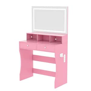 LED Vanity Desk with Mirror & Power Outlet, Makeup Table with 4 Drawers & Stool, 3 Lighting Modes for Dressing Room Pink