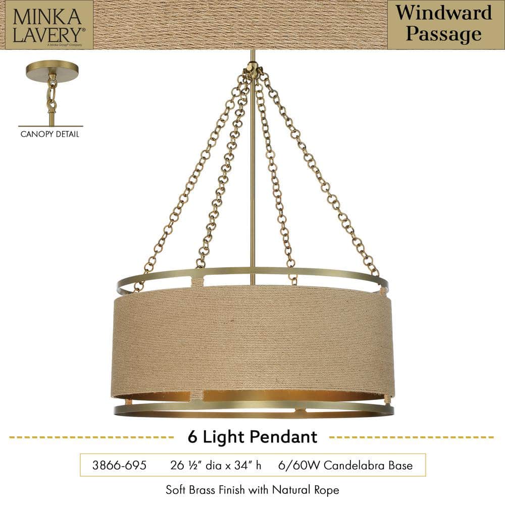 Windward Passage Soft Brass 6-Light Drum Pendant with Natural Rope Shade
