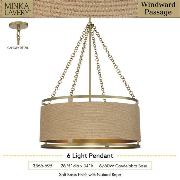 Minka Lavery - Windward Passage 6-Light Soft Brass Drum Pendant with Natural Brown Rope Shade