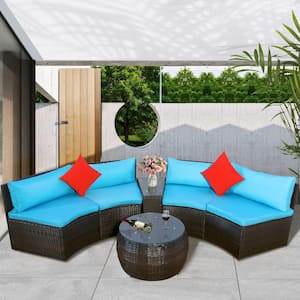 Brown 4-Piece Wicker Patio Conversation Sectional Seating Set with Blue Cushions Outdoor Half-Moon Sofa Set