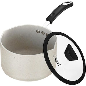 3.2 qt. Stone Layered with Aluminum Core Nonstick Sauce Pan in Warm Alabaster with Silicone Coated Handle and Glass Lid