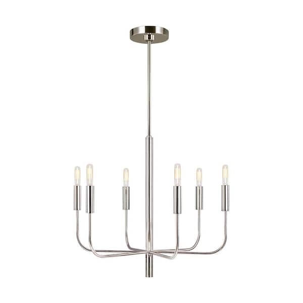 Generation Lighting Brianna 6-Light Polished Nickel Minimalist Modern Hanging Candlestick Chandelier with Swivel Canopy