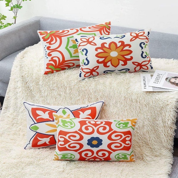 Outdoor Waterproof Throw Pillow Covers for Patio Furniture Decorative Boho Pillow Covers 12x20 in. Set of 4, Orange Jkzzc00582