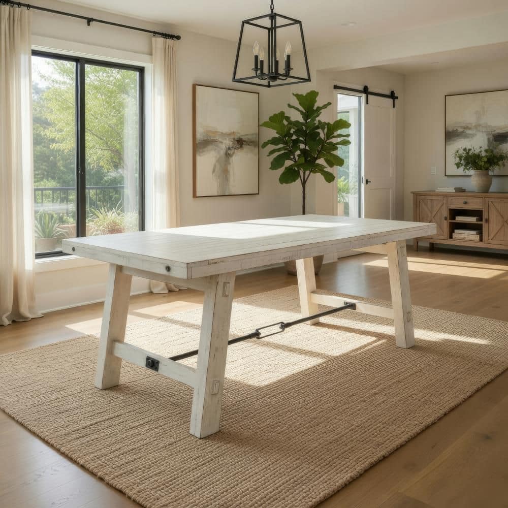 Benjara Rena Off White Wood 74 in. Trestle Dining Table Seating for 6 ...