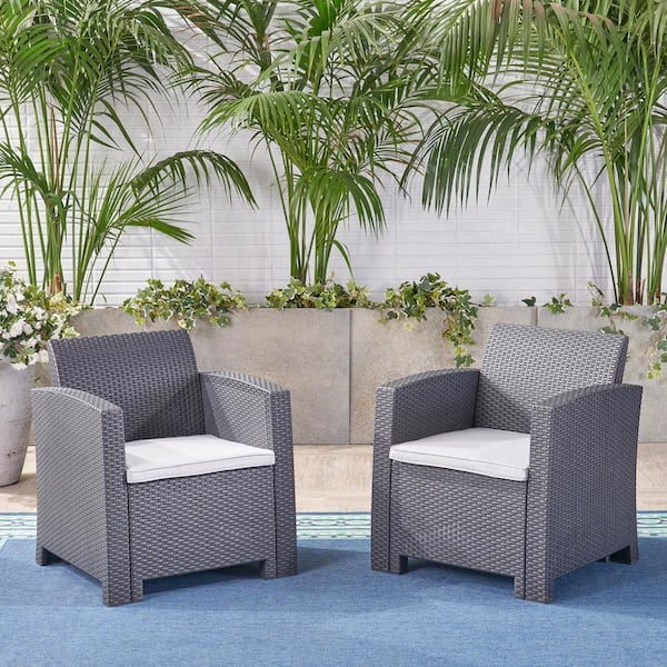Noble House St. Johns Charcoal Removable Cushions Faux Wicker Outdoor Patio Lounge Chair with Light Grey Cushions (2-Pack)