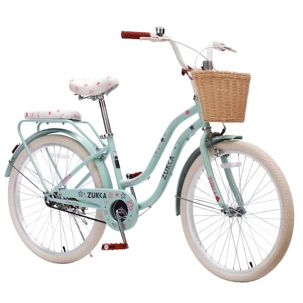 Green 24 Inch Single Speed Cruiser Bike Commuter Bicycle with Wicker Basket & Rear Rack