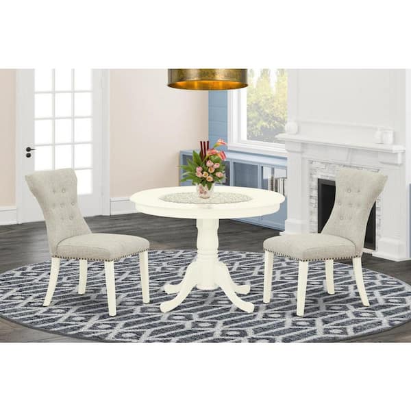 East West Furniture 3-Piece Linen White Finish Solid Wood Top - Round Dining Room Set - Seats 4