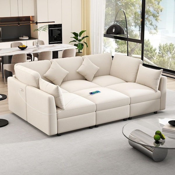 86.6 in. Square Arm Chenille U-Shaped Sofa in Beige with A Movable Ottoman and 2 USB Ports