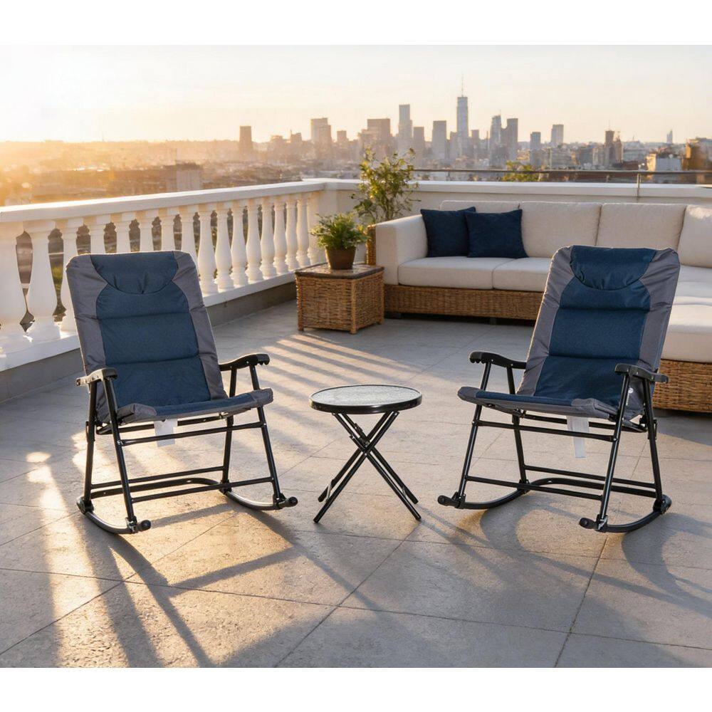Blue 3-Piece Metal Foldable Outdoor Bistro Set with Glass Top Coffee ...
