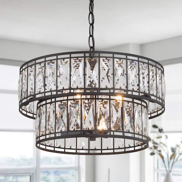 LNC Cristallo Modern 4-Light Black Candlestick Chandelier with Glam 2-Tier Crystal Drum Shade Island Pendant for Living Room