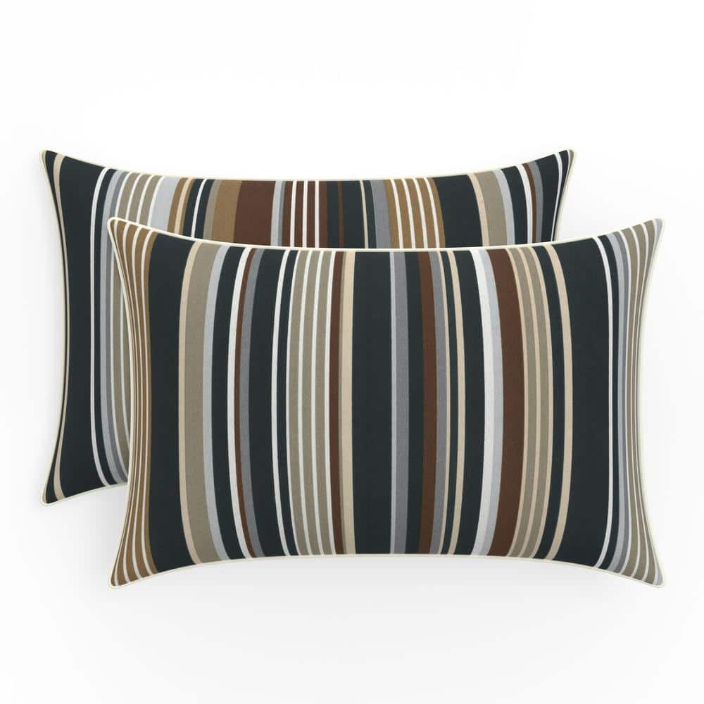Black Multi Stripe Rectangular Outdoor Lumbar Throw Pillow Set