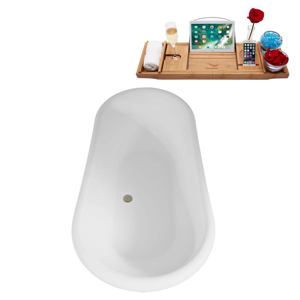 67" Matte White Acrylic Freestanding Soaking Tub with Brushed Nickel Trim