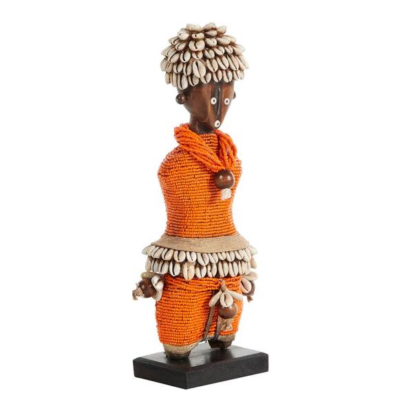 LITTON LANE Small Hand-Crafted Pine Wood, Cowrie Shells, Orange 