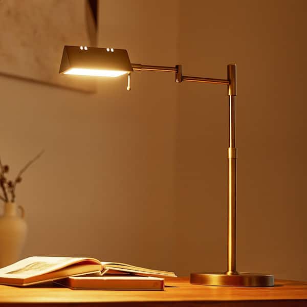 MetroBeam 22 in. Antique Brass Dimmable LED Swing Arm Task and Reading Lamp with Adjustable Lamp Head