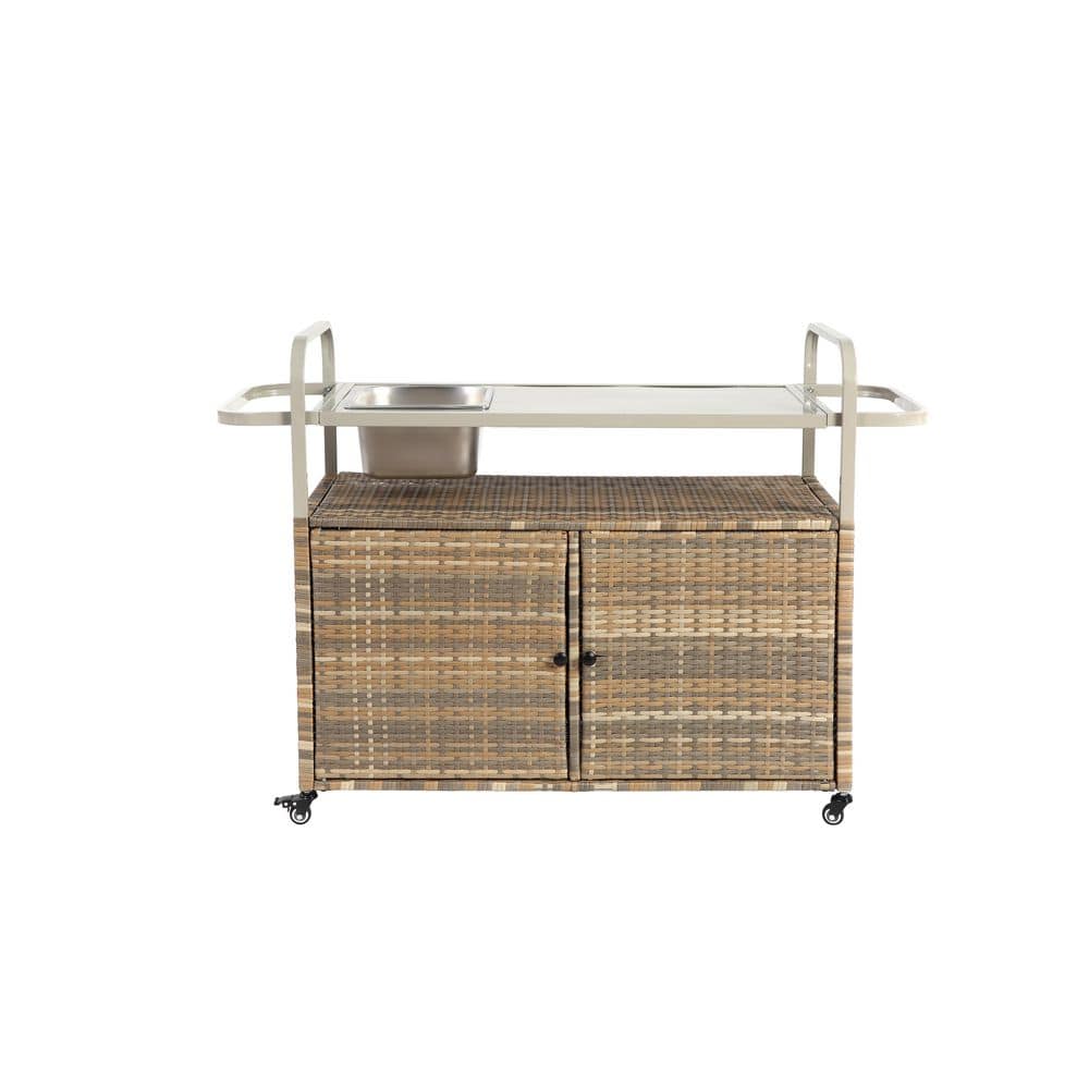 Beige Wicker Outdoor Bar Cart with Lockable Wheels, Patio Cabinet Grill Tab