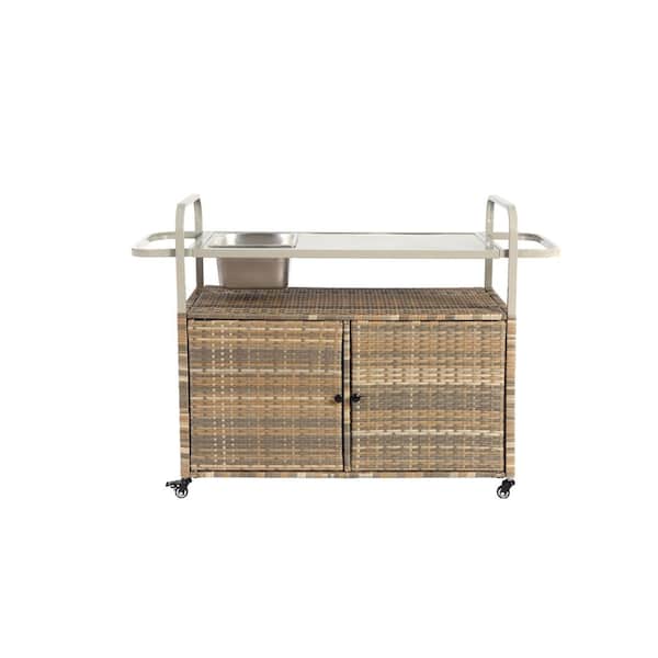 Unbranded Beige Wicker Outdoor Bar Cart with Lockable Wheels, Patio Cabinet Grill Table with Steel Top, Ice Bucket, Side Basket