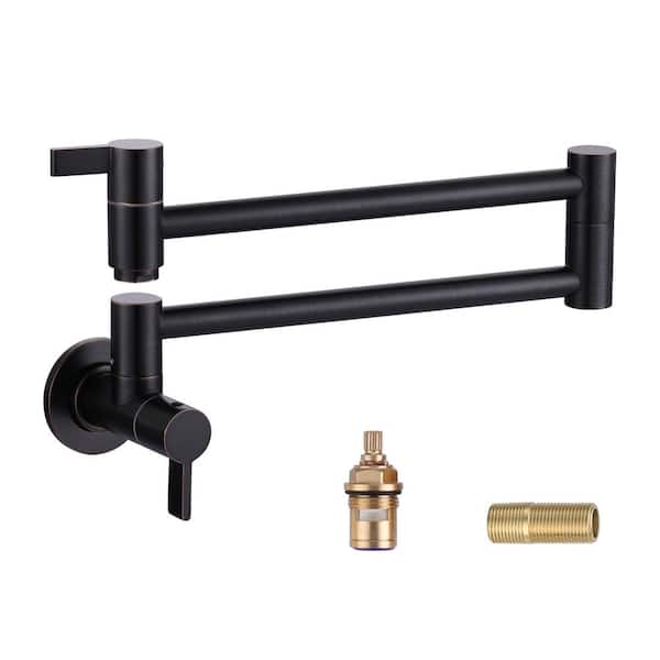 Brass Wall Mounted Pot Filler Faucet with Double Joint Swing Arms, Commercial Kitchen Pot Faucet in Oil Rubbed Bronze