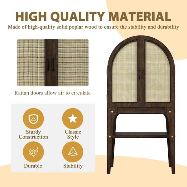 64 in. H Natural Wood Arched Wine Cabinet with Rattan Doors, Drawers and Open Shelf in Brown