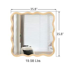 Natural 36 in. W x 36 in. H Solid Wood Square Wavy Wall Mirror for Bathroom, Bedroom, Cloakroom