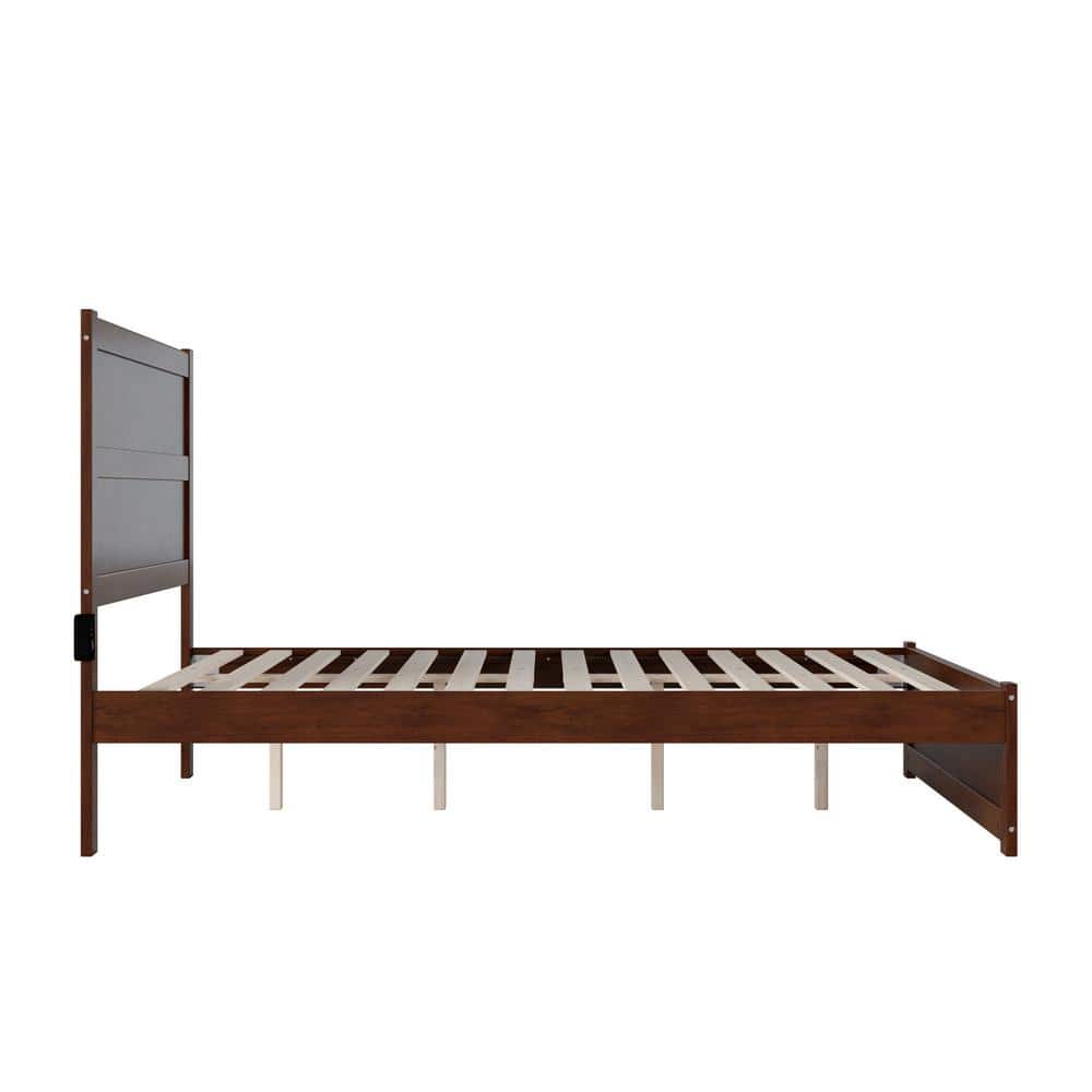 Walnut Queen Wood Platform Bed with USB Charger