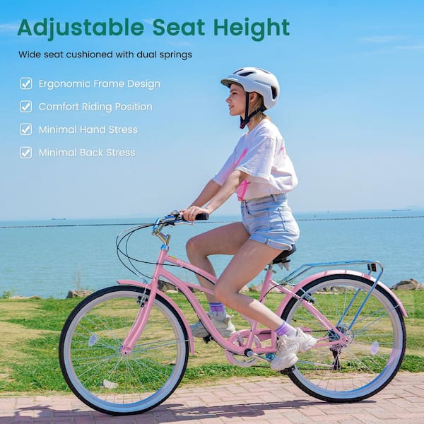 Beach Cruiser Bike 24/26 in. 7-Speed Adult Bicycle Comfortable Step-Through Frame with Rear Rack, Classic City Cruiser