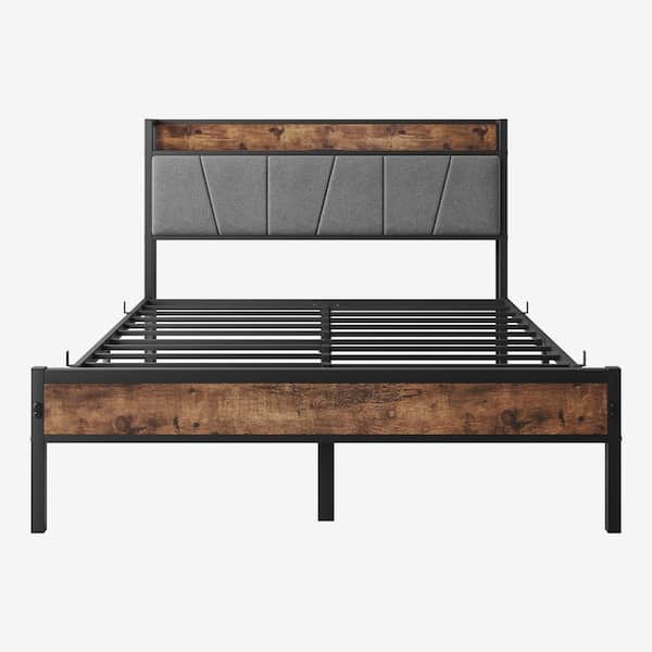 URTR Modern Industrial Black Metal Frame Full Platform Bed with Upholstered Storage Headboard, USB Ports Charging Station