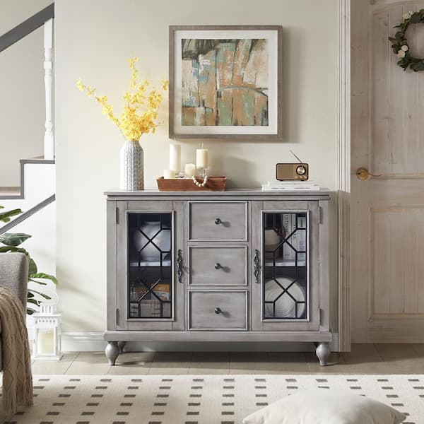 Vintage Grey Wood 45 in. Kitchen Sideboard Buffet with 3 Storage Drawer Cupboard for Living Room Serving Wine Cupboard