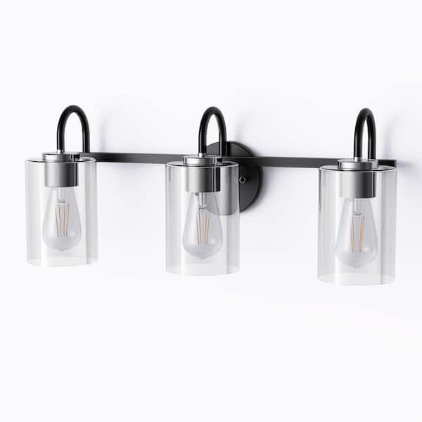 24 in. 3-Light Matte Cylinder Black Vanity Light with Clear Glass Shade for Bathroom Dimmable