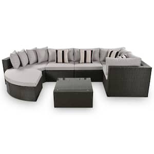 Gray 7-piece Wicker Patio Conversation Sectional Seating Set with Striped Colorful Pillows and Light Gray Cushions