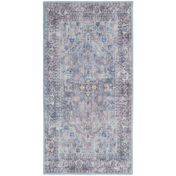57 Grand Machine Washablee doormat Light Grey/Blue 2 ft. x 4 ft. Bordered Traditional Kitchen Area Rug