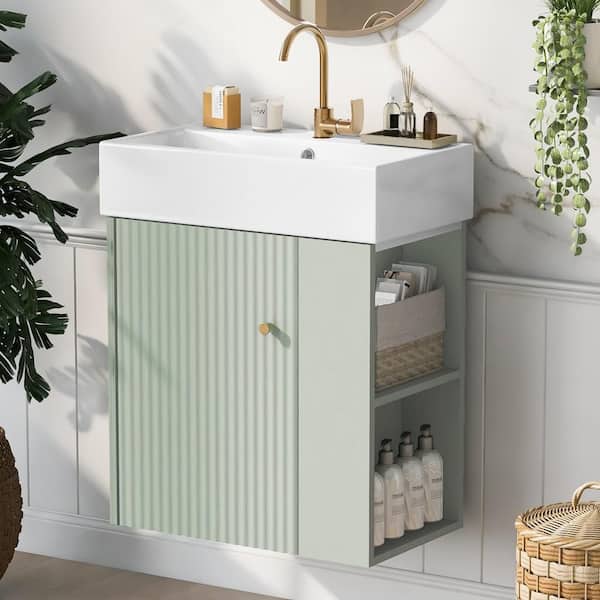 21.6 in. Single Sink Floating Green Small Bath Vanity with White Ceramic Top and Soft Close Door