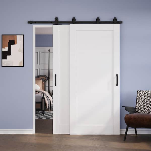 64 in. x 80 in. (Two 36 in. ) Bypass Save Space 1 Panel White Primed MDF Sliding Barn Door with Hardware Kit