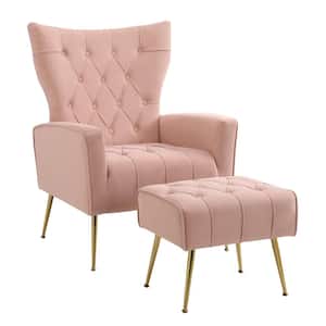 Pink Velvet Accent Chair with Ottoman Modern Upholstered Modern Single Sofa Side Chair Comfy Barrel Club Armchair