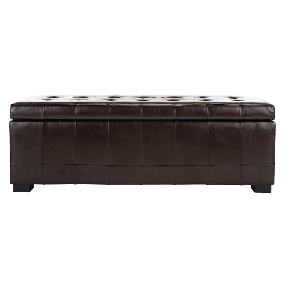 Large Brown Leather Storage Bench with Button Tufts