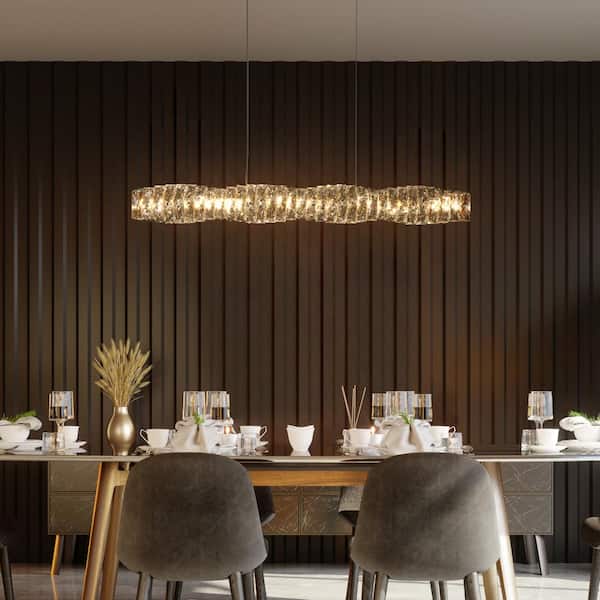 Modern 1-light Plating Brass Linear Integrated LED Chandelier with Crystal Shade, Glam Dining Room Pendant Light