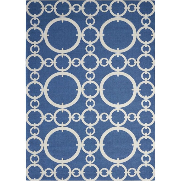 Connected Navy Blue 5 ft. x 7 ft. Geometric Modern Indoor/Outdoor Patio Area Rug